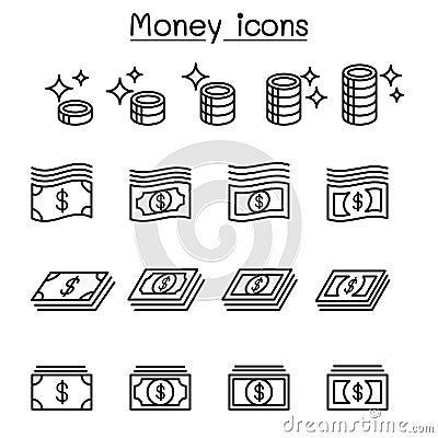 Money ,Coin, Cash, Currency , Bank note icon set in thin line st Vector Illustration