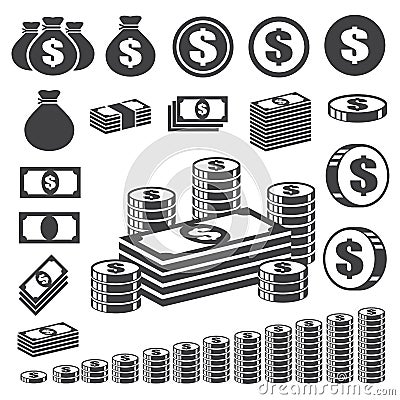 Money and coin icon set. Vector Illustration