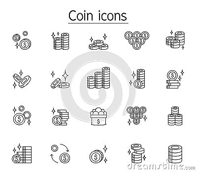 Money & Coin icon set in thin line style Vector Illustration