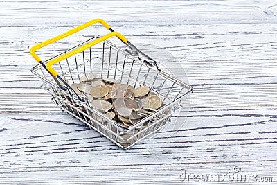 Money coin in mini shopping cart or trolley. creative photo. Stock Photo
