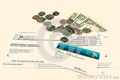 Money, Coins, EBT card & Letter from NY State Department of Labor Editorial Stock Photo