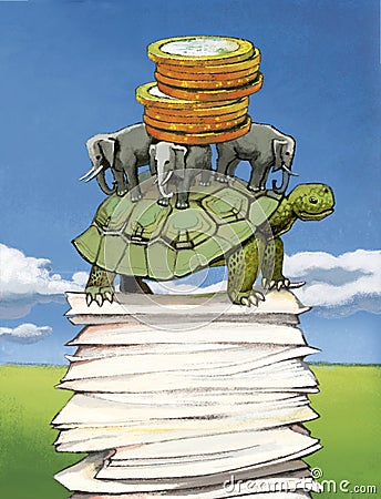 Money coins lie in a heap on elephants and a big turtle. Turtle is on a stack of documents. Business model, mythical flat concept Stock Photo