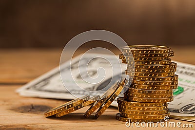 Money coins pile on table Stock Photo
