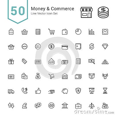 Money and Commerce Icon Sets. 50 Line Vector Icons. Vector Illustration