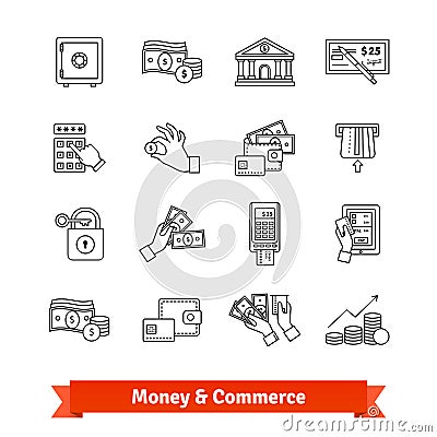 Money and commerce icons thin line set Vector Illustration