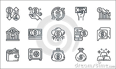 money and currency line icons. linear set. quality vector line set such as gold bars, coin purse, wallet, money bag, safe box, Vector Illustration