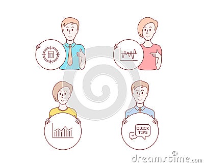 Money diagram, Stock analysis and Calculator target icons. Quick tips sign. Vector Vector Illustration