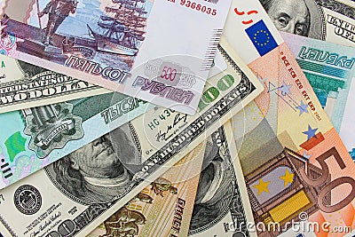 Money from different countries dollars, euros, hryvnia, rubles Stock Photo