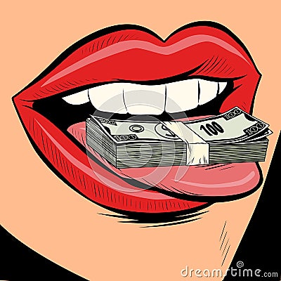 Money dollars female tongue mouth Vector Illustration