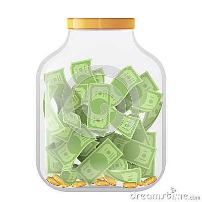 Money economy saving bank coin banknote deposit glass pot jar moneybox isolated on white mockup icon 3d realistic design Vector Illustration