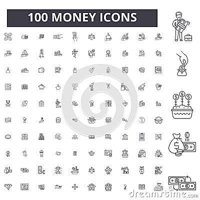 Money editable line icons, 100 vector set, collection. Money black outline illustrations, signs, symbols Vector Illustration
