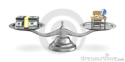 Money and education on scales. Isolated 3D illustration Cartoon Illustration