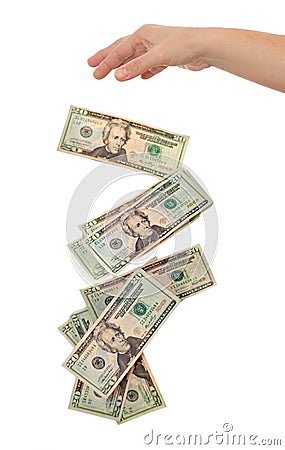 Money falling from an open hand isolated on white Stock Photo