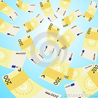 Money falling from sky, 200 Euro banknotes falling Vector Illustration