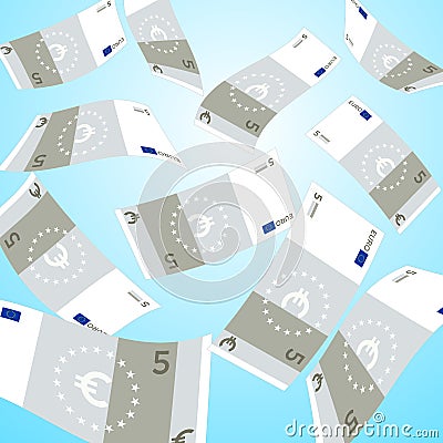 Money falling from sky. 5 Euro banknotes falling. Vector Illustration