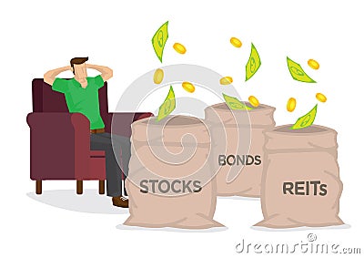 Money falling from the sky into three sacks of stocks, bonds and REITS while resting on a chair. Passive income or investment gain Vector Illustration