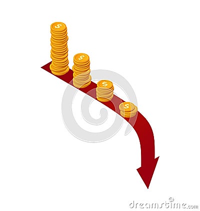 Money falls vector concept. Isometric stacks of coins on red arrow down. Financial crisis illustration Cartoon Illustration