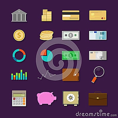 Money finance banking icon set flat Vector Illustration