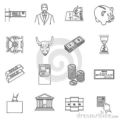 Money and finance set icons in outline style. Vector Illustration
