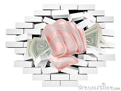 Money Fist Hand Holding Cash Punching Through Wall Vector Illustration
