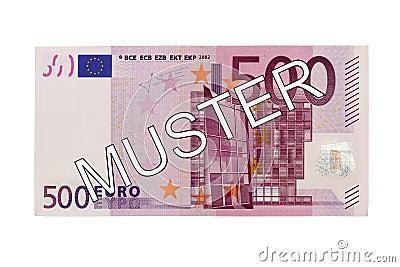 Money - Five hundred (500) Euro bill front with German lettering Muster (specimen) Stock Photo