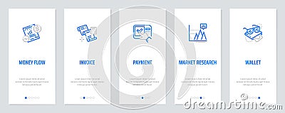 Money flow, Invoice, Payment, Market research, Wallet Vertical Cards with strong metaphors. Vector Illustration