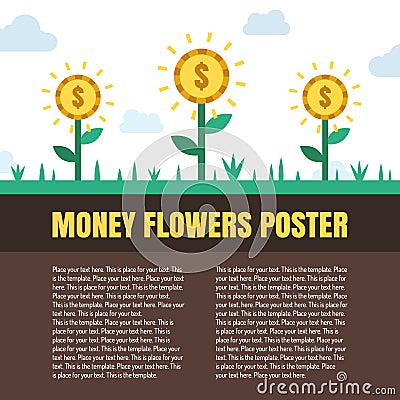 Money flowers (coins) vector illustration with place for your text. Modern flat minimalistic style. Vector Illustration