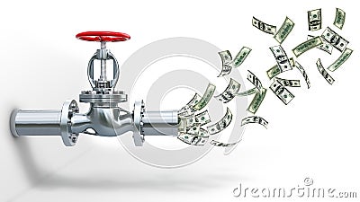 Money are flying out of a steel tap, pipeline concept, white background, Cartoon Illustration