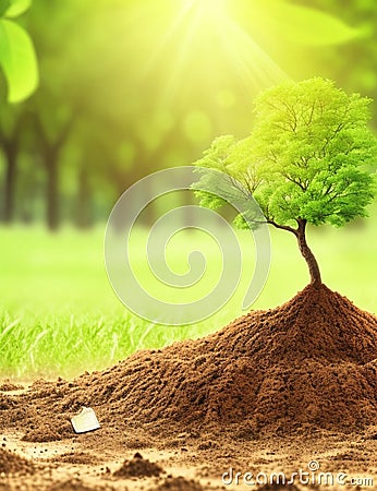 money growth in soil and tree concept , business success finance with sunshine in nature Stock Photo