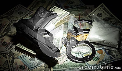 Money, gun and drugs Stock Photo