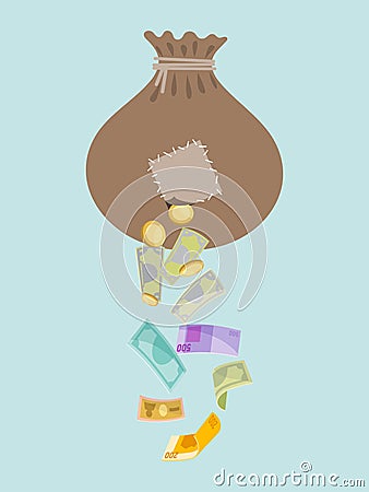 Money holey bag, thief stolen cash gold coin and dollars isolated on blue, flat vector illustration. Insure money Vector Illustration