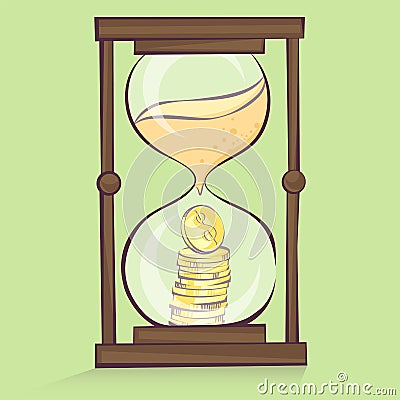 Money in hourglass, coins stacks inside of sand clock, cartoon style, vector illustration Vector Illustration