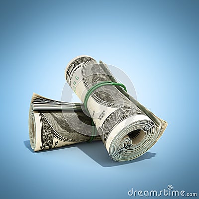 Money hundred dollars bill rol colection 3d render on blue Stock Photo