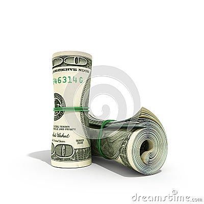 Money hundred dollars bill rol colection 3d render on white Stock Photo