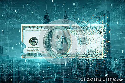 Money hyperinflation and financial crash concept with pulverizing 100 dollar banknote, matrix and binary code symbols on city Stock Photo