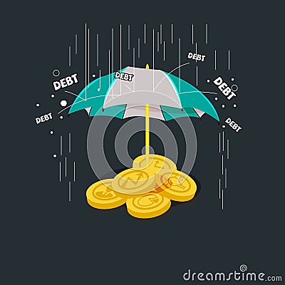 Money with icon of business and creativity under umbrella. Debt Cartoon Illustration