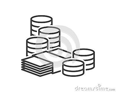 Money icon. A simple image of a bundle of paper money and coins. Linear drawing. Isolated vector on a pure white background Vector Illustration