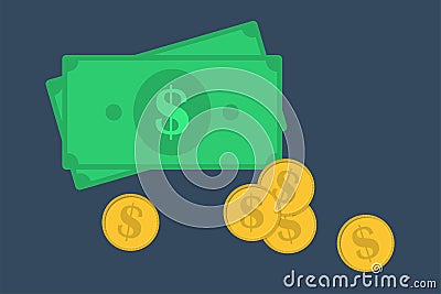 Money icons. Dollar stack paper banknotes and gold coins icon. Business finance concept Vector Illustration