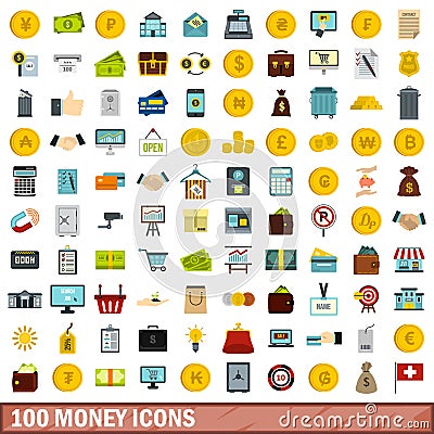 100 money icons set, flat style Vector Illustration