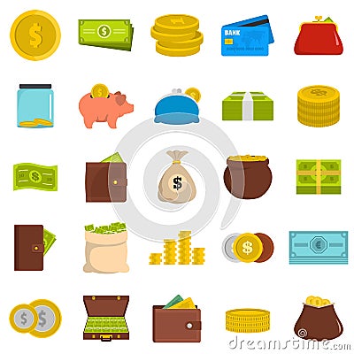 Money icons set, flat style Vector Illustration