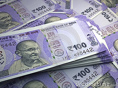 Indian money. Indian rupee banknotes. 100 INR rupees bills Stock Photo