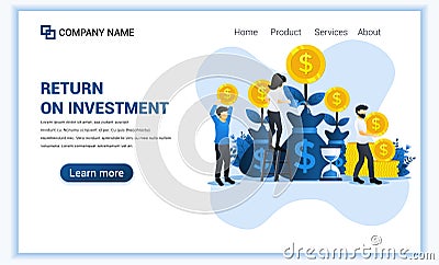 Money investing concept with people grow coins, profit income, royalties from investments. Can use for web banner, infographics, Vector Illustration