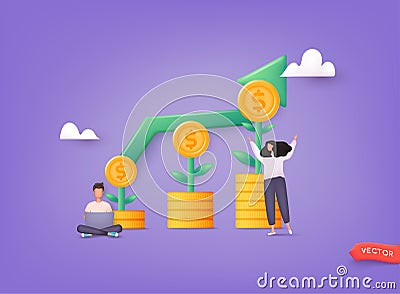 Money investing, financiers analyzing stock market profit. Portfolio income, capital gains income, royalties from investments Vector Illustration