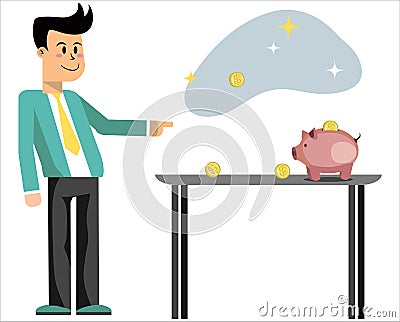 Money investing. Successful man saving golden coins in pink piggybank to invest them later. Vector Illustration