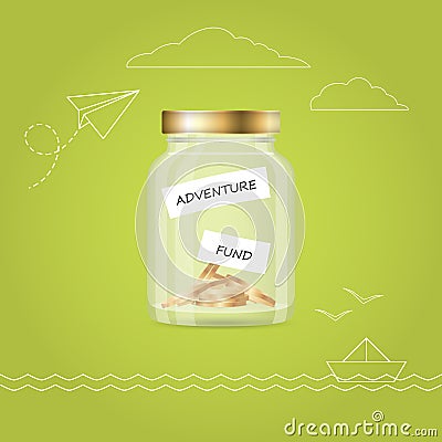 Money jar with coins. Travel fund. Financial concept. Vector Illustration