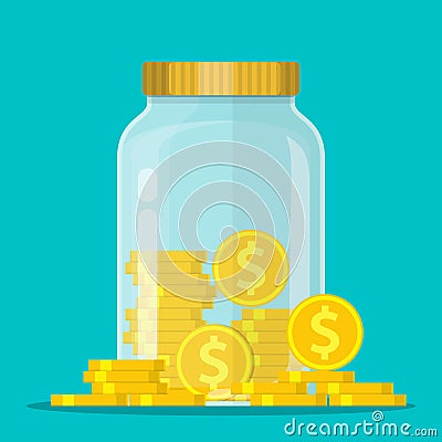 Money Jar. Saving dollar coin in jar. Vector Illustration