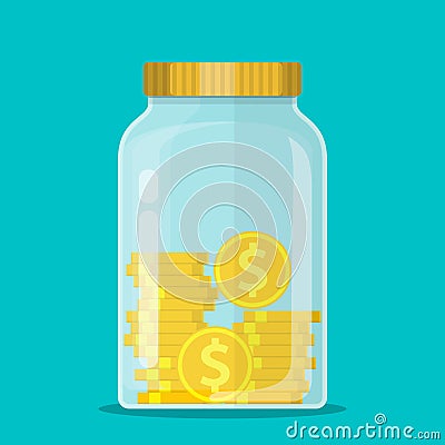 Money Jar. Saving dollar coin in jar. Vector Illustration