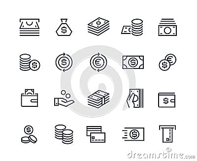 Money line icons. Business payment money market commercial exchange. Cash card wallet, coins vector symbols Vector Illustration