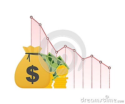 Money loss. Cash with down arrow stocks graph, concept of financial crisis, market fall, bankruptcy. Vector stock illustration Vector Illustration