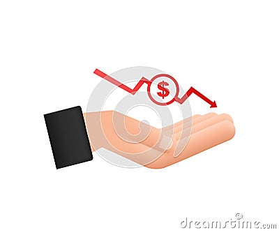 Money loss sign in hands. Cash with down arrow stocks graph, concept of financial crisis, market fall, bankruptcy Vector Illustration